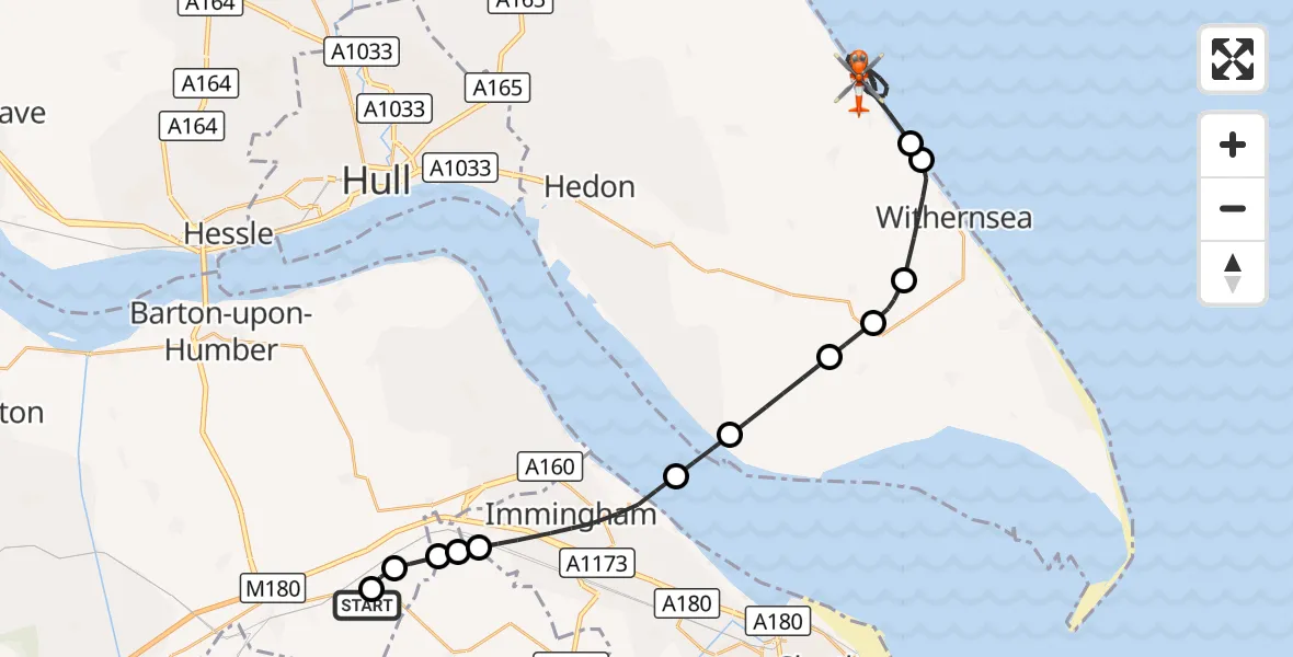 Flight route Coastguard Helicopter Humberside Airport - Roos, 19 October 2026, 10:21