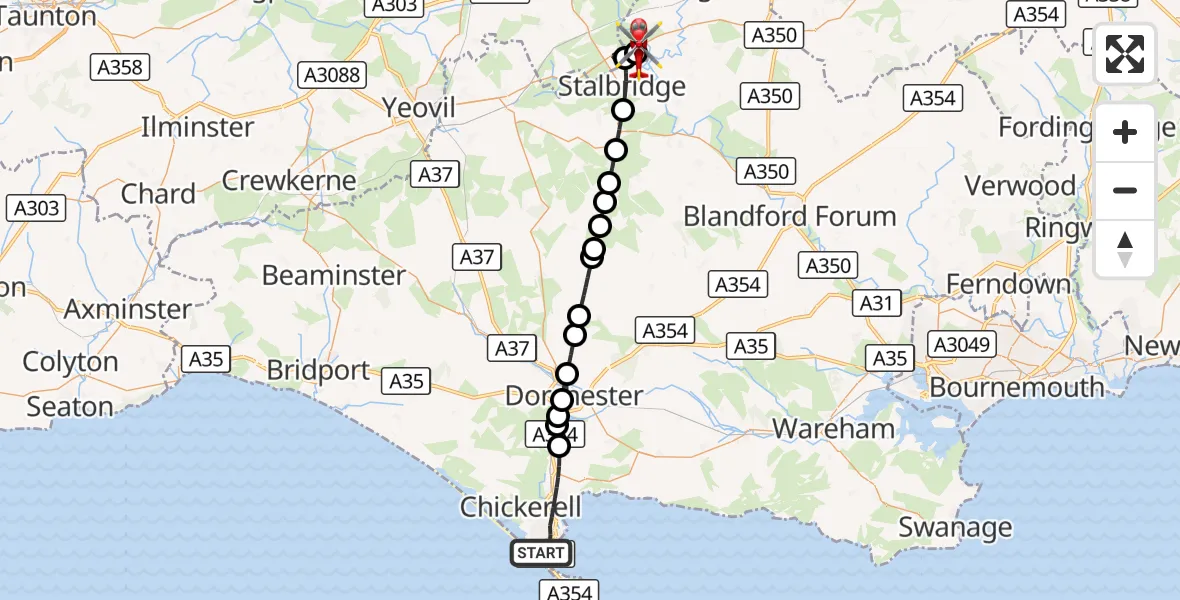 Flight route Air Ambulance Helicopter Weymouth - Henstridge Airfield, 19 October 2026, 10:24