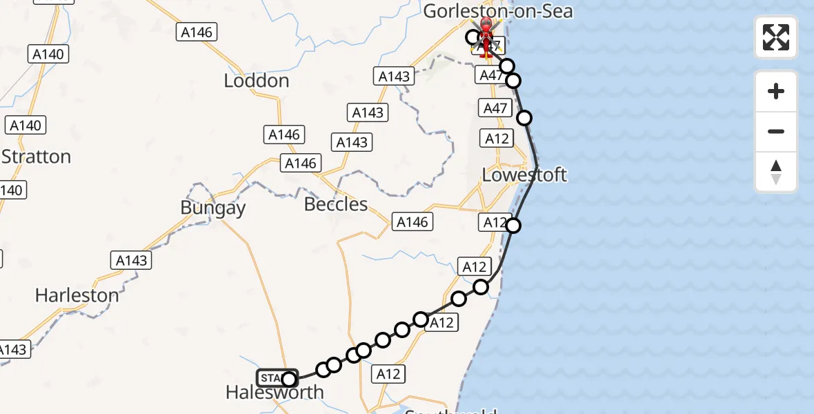 Flight route Air Ambulance Helicopter Halesworth - James Paget Hospital, 19 October 2026, 10:38