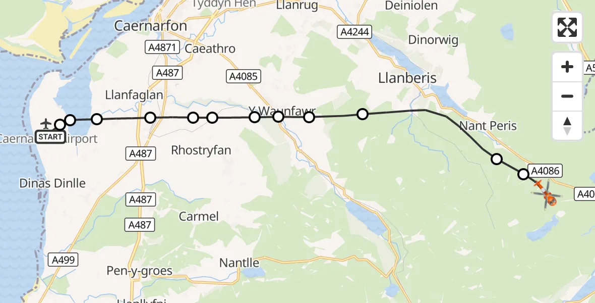 Flight route Coastguard Helicopter Caernarfon Airport - Beddgelert, 19 October 2026, 10:39