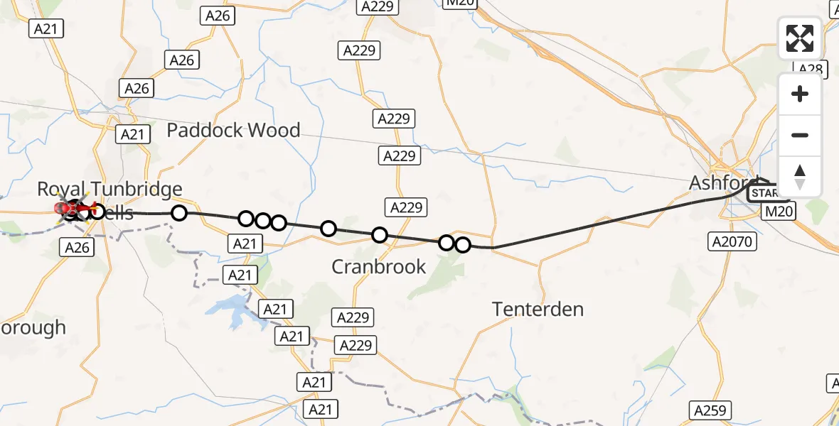 Flight route Air Ambulance Helicopter Ashford - Rusthall, 19 October 2026, 10:40