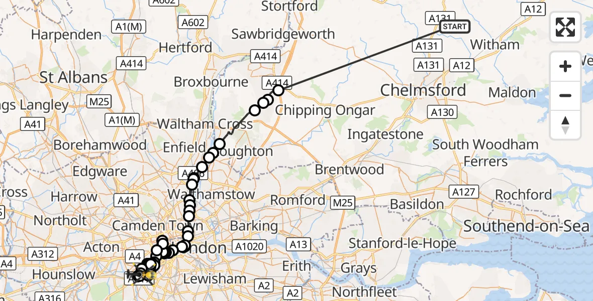 Flight route Police Helicopter Braintree - Battersea, 19 October 2026, 10:50