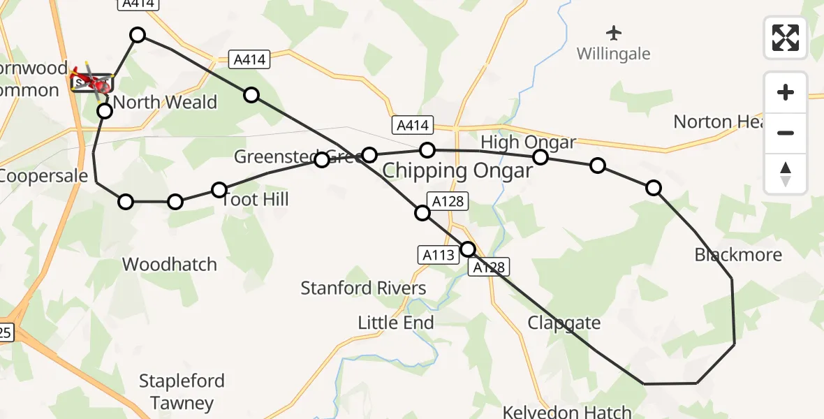 Flight route Air Ambulance Helicopter North Weald Airfield - North Weald Airfield, 19 October 2026, 10:51