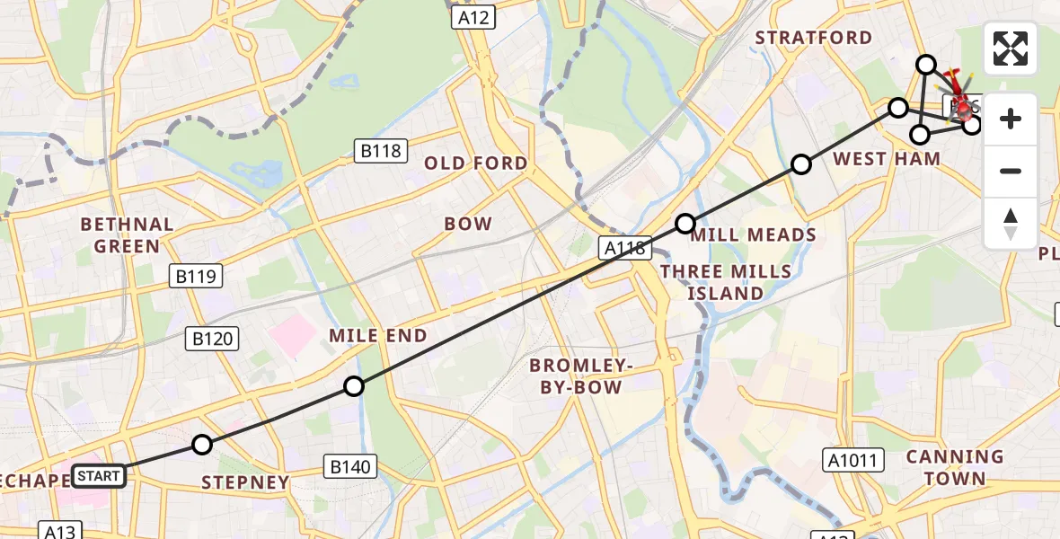 Flight route Air Ambulance Helicopter Royal London Hospital - Stratford, 19 October 2026, 10:51
