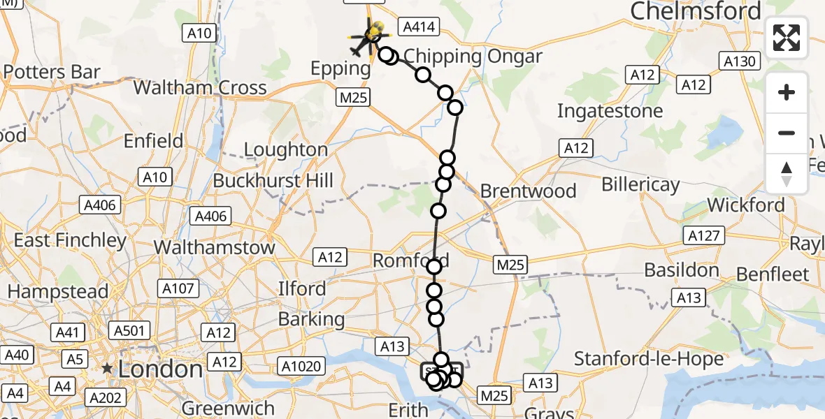 Flight route Police Helicopter Wennington - North Weald Bassett, 19 October 2026, 11:03
