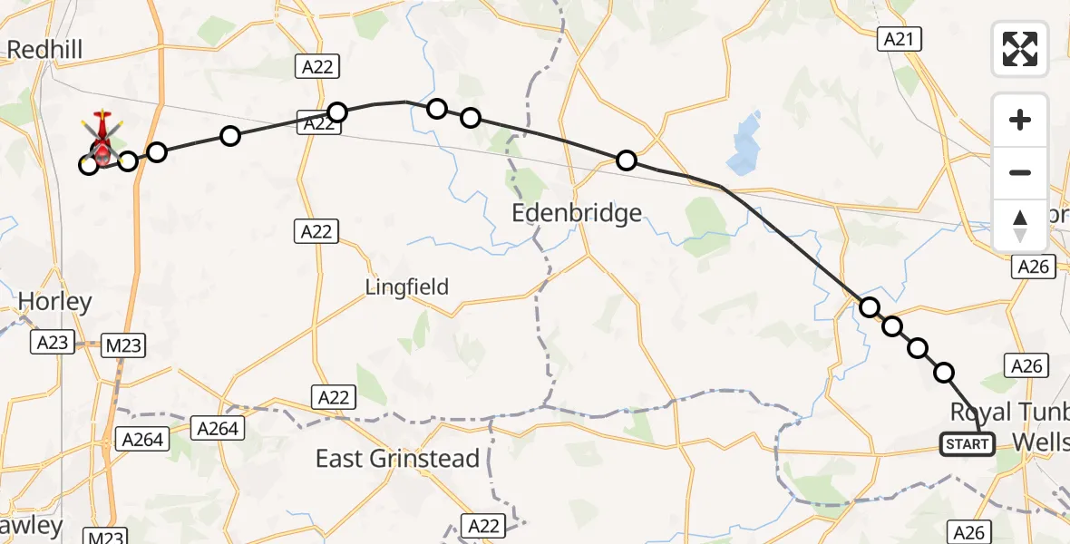 Flight route Air Ambulance Helicopter Rusthall - Redhill Aerodrome, 19 October 2026, 11:14