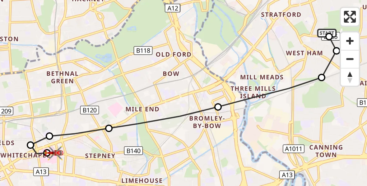 Flight route Air Ambulance Helicopter West Ham - Royal London Hospital, 19 October 2026, 11:15