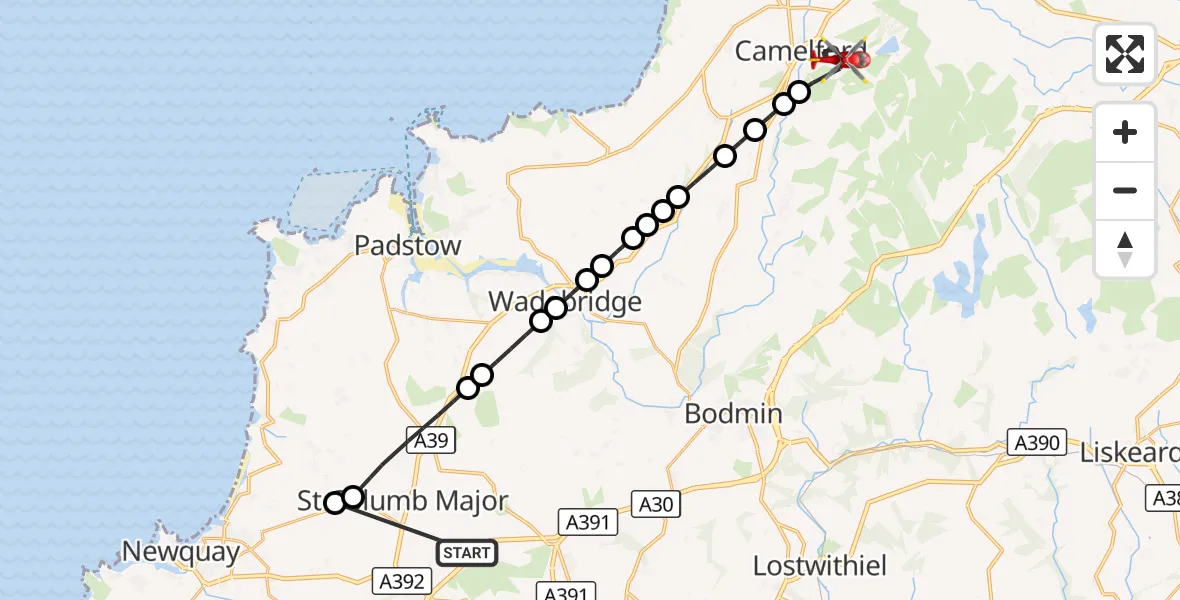 Flight route Air Ambulance Helicopter St. Columb Major - Camelford, 19 October 2026, 11:15