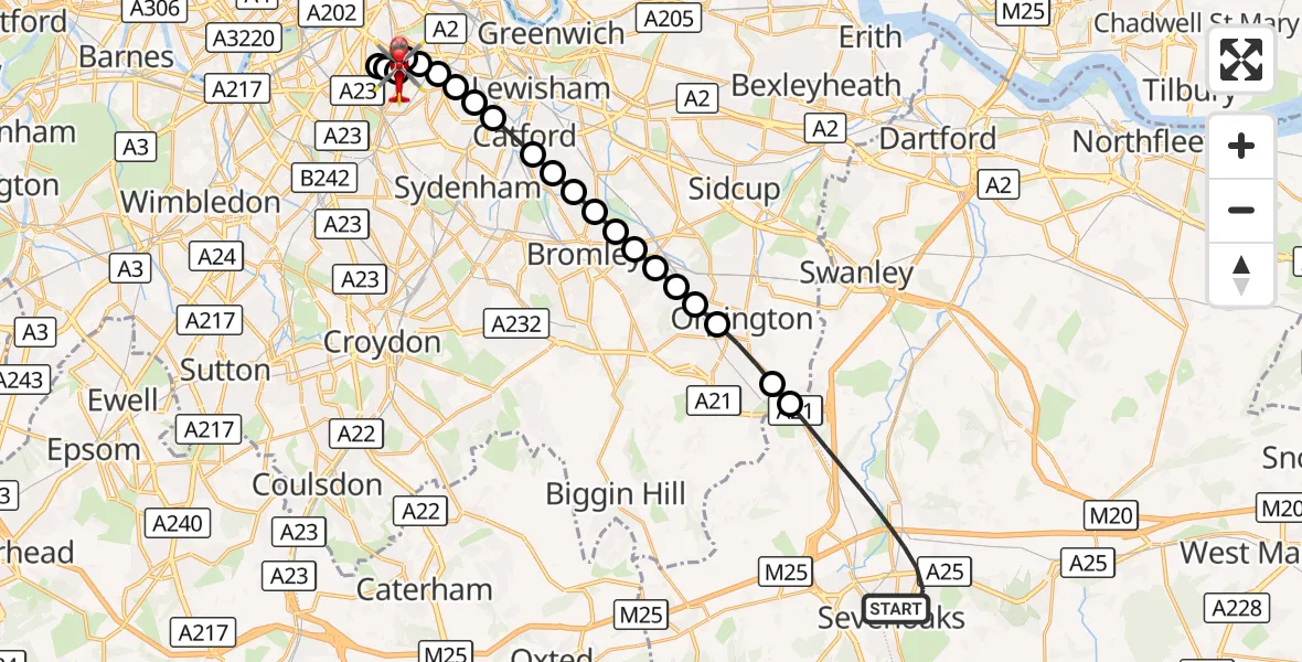 Flight route Air Ambulance Helicopter Sevenoaks - Kings College London Hospital, 19 October 2026, 11:34