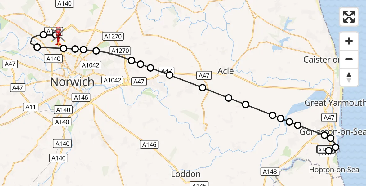 Flight route Air Ambulance Helicopter James Paget Hospital - Norwich Airport, 19 October 2026, 11:37