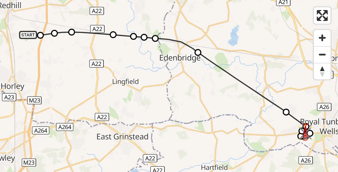 Flight route Air Ambulance Helicopter Redhill Aerodrome - Rusthall, 19 October 2026, 11:41