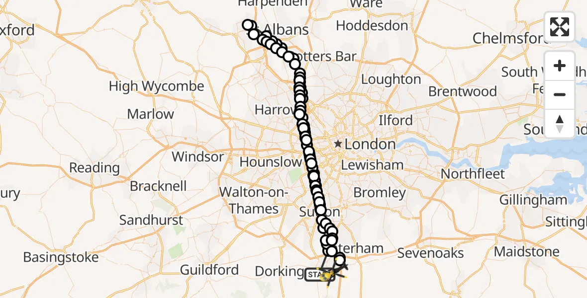 Flight route Police Helicopter Reigate - Nutfield, 19 October 2026, 11:49