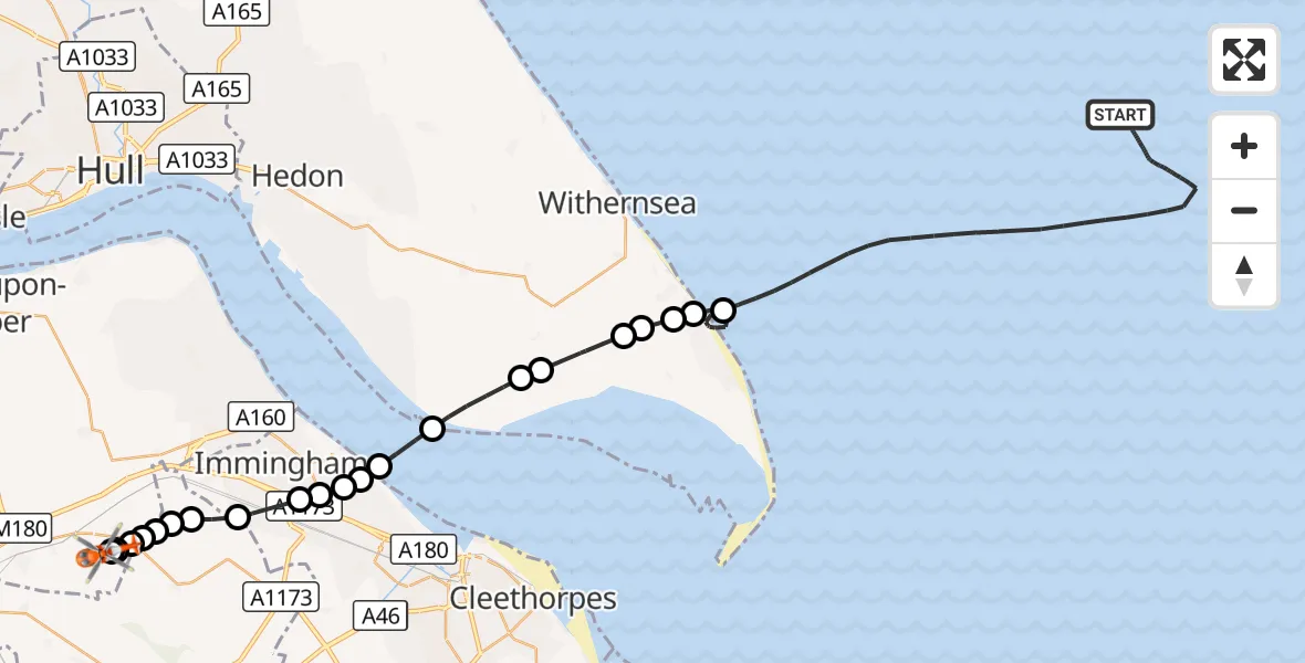 Flight route Coastguard Helicopter North Sea - Humberside Airport, 19 October 2026, 11:50