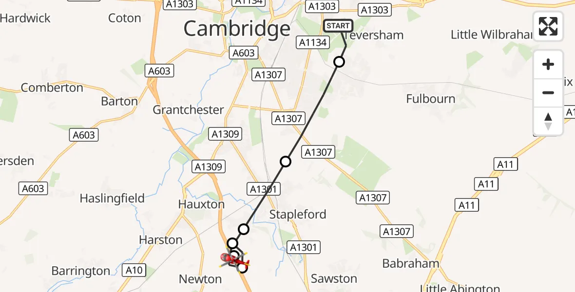 Flight route Air Ambulance Helicopter Cambridge City Airport - Little Shelford Airstrip, 19 October 2026, 11:53