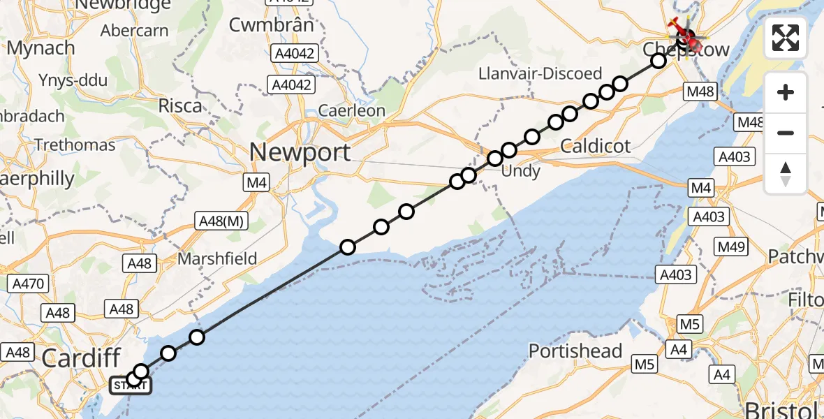 Flight route Air Ambulance Helicopter Cardiff Heliport - Tutshill, 19 October 2026, 12:09