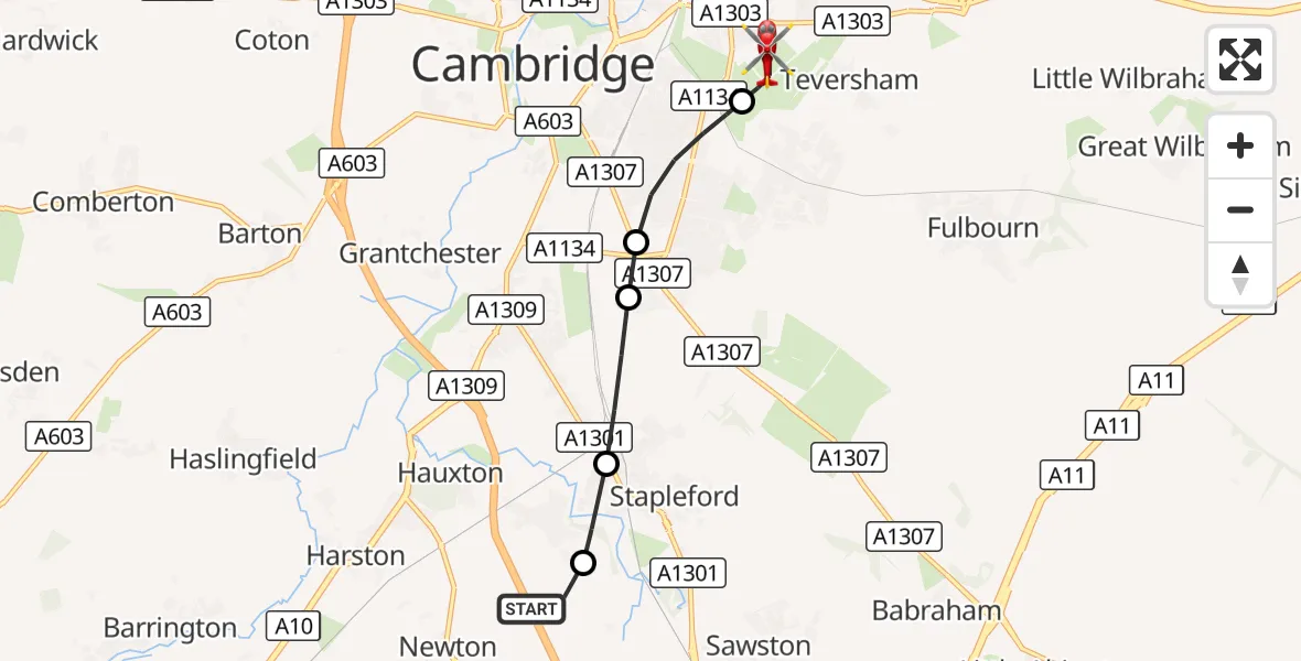 Flight route Air Ambulance Helicopter Little Shelford Airstrip - Cambridge City Airport, 19 October 2026, 12:13