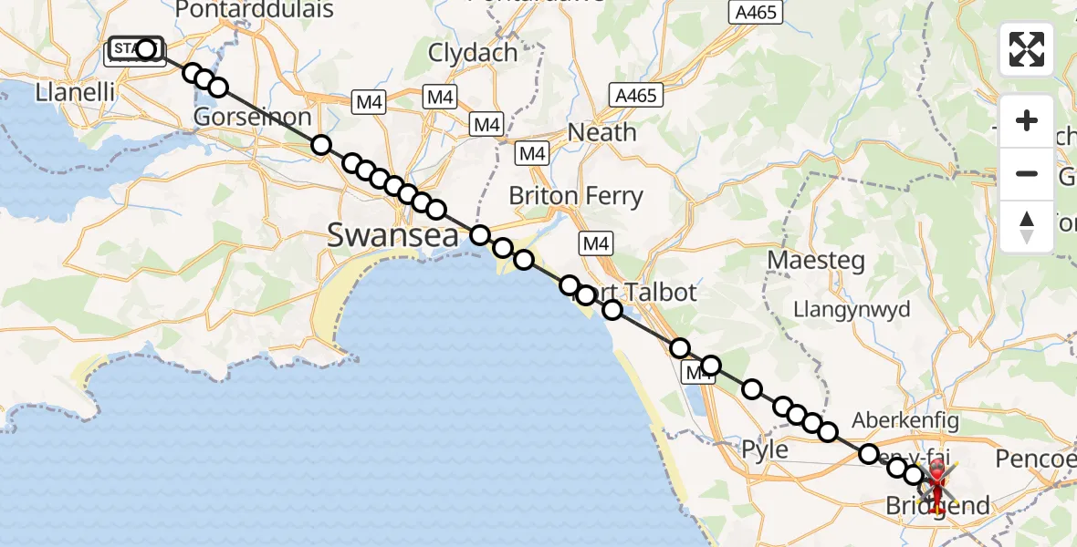 Flight route Air Ambulance Helicopter Dafen - Bridgend, 19 October 2026, 12:14