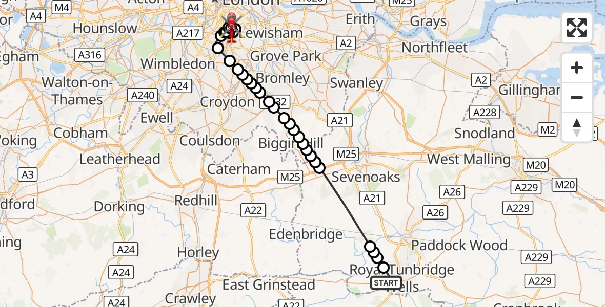 Flight route Air Ambulance Helicopter Rusthall - Kings College London Hospital, 19 October 2026, 12:16
