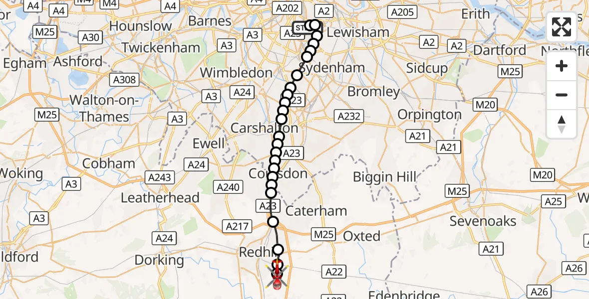 Flight route Air Ambulance Helicopter Kings College London Hospital - Redhill Aerodrome, 19 October 2026, 12:19