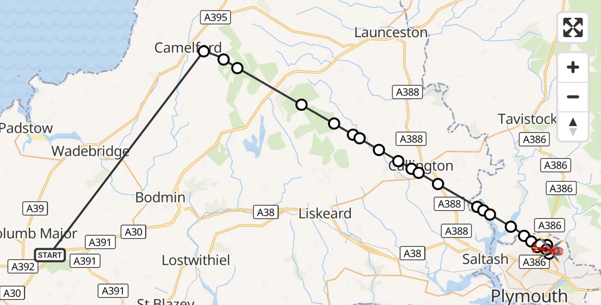 Flight route Air Ambulance Helicopter St. Columb Major - Derriford Hospital, 19 October 2026, 12:24