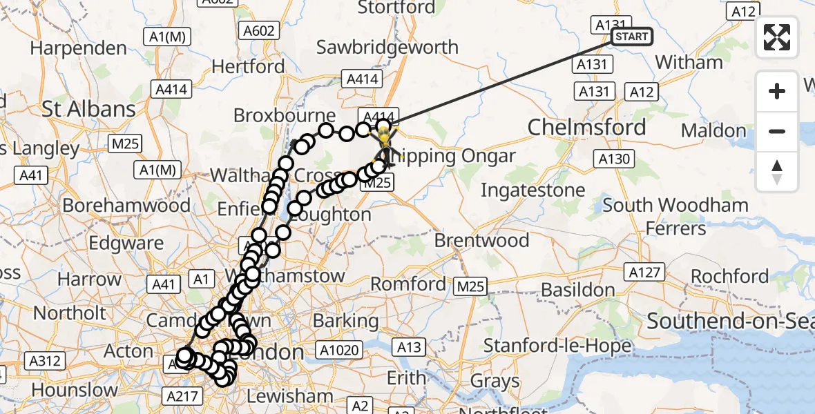 Flight route Police Helicopter Braintree - Coopersale, 19 October 2026, 12:29