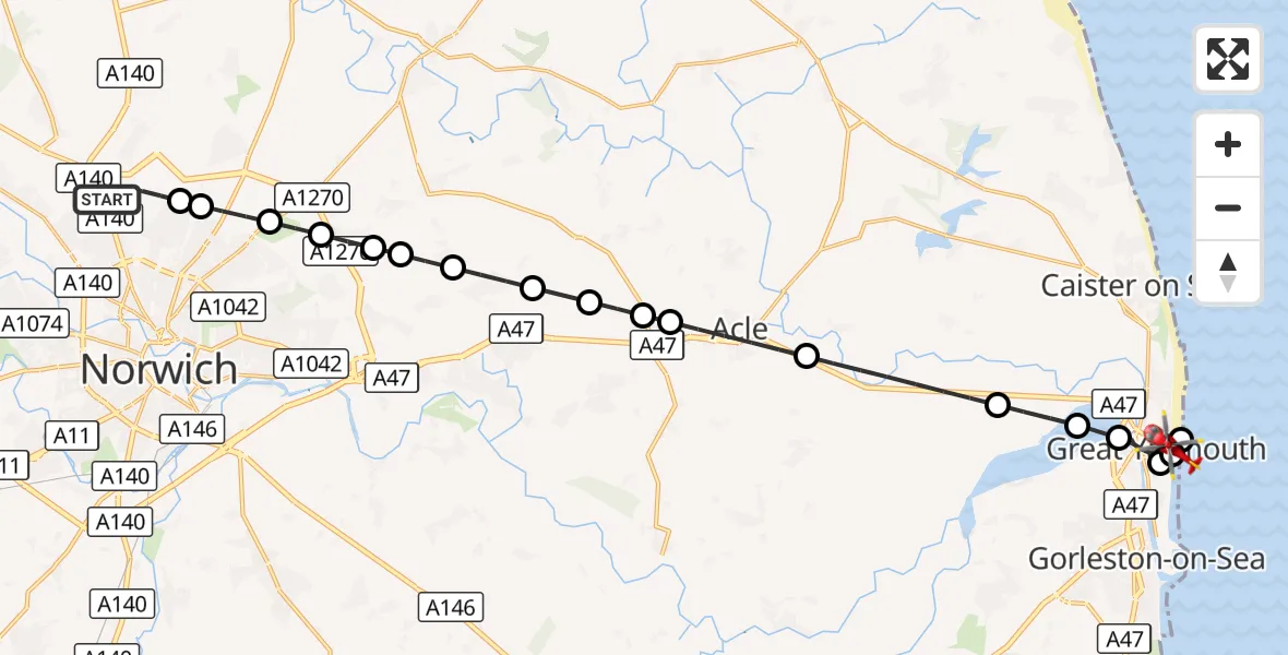 Flight route Air Ambulance Helicopter Norwich Airport - Great Yarmouth, 19 October 2026, 12:49