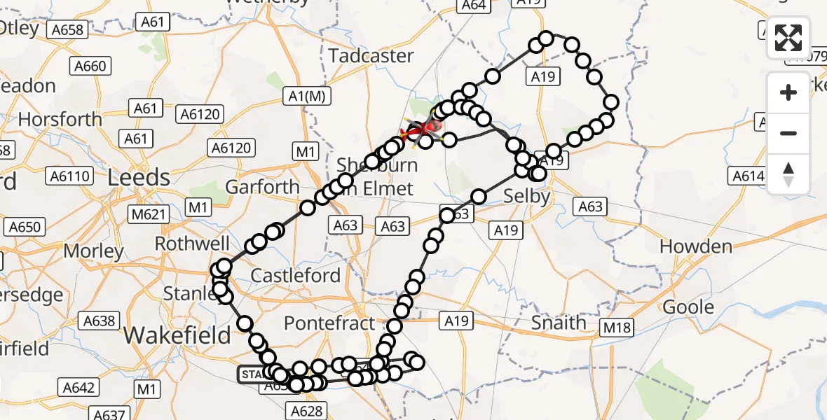 Flight route Air Ambulance Helicopter YAA Nostell Helicopter Port - Leeds East Airport, 19 October 2026, 13:13