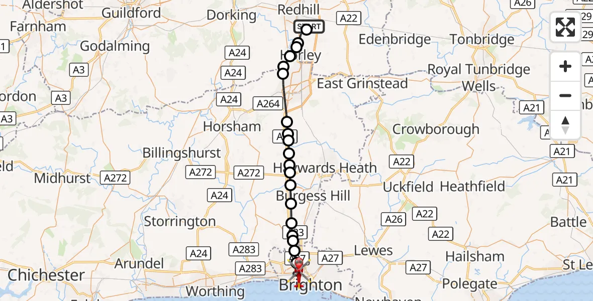 Flight route Air Ambulance Helicopter Redhill Aerodrome - Portslade by Sea, 19 October 2026, 13:15