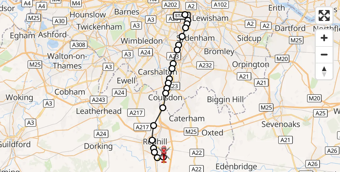 Flight route Air Ambulance Helicopter Kings College London Hospital - Redhill Aerodrome, 19 October 2026, 13:16