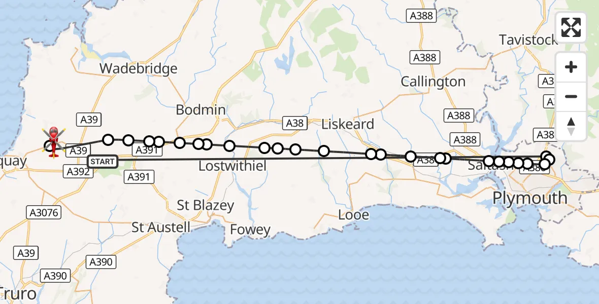 Flight route Air Ambulance Helicopter St. Columb Major - Cornwall Airport Newquay, 19 October 2026, 13:25