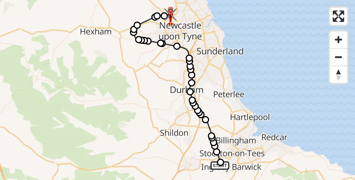 Flight route Air Ambulance Helicopter Egglescliffe - Woolsington, 19 October 2026, 13:26