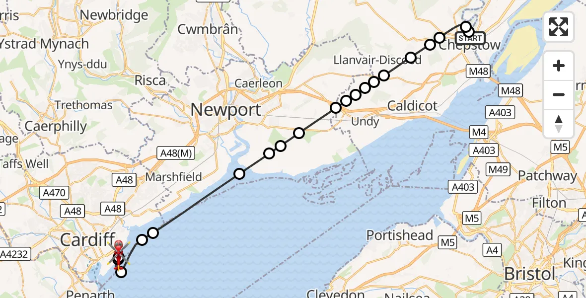 Flight route Air Ambulance Helicopter Tutshill - Cardiff Heliport, 19 October 2026, 13:34