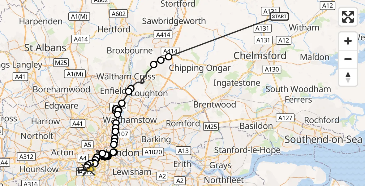 Flight route Police Helicopter Braintree - Battersea, 19 October 2026, 13:38