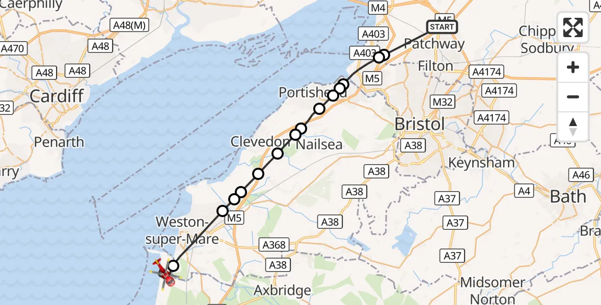 Flight route Air Ambulance Helicopter Almondsbury Helicopter Base - Brean, 19 October 2026, 13:54