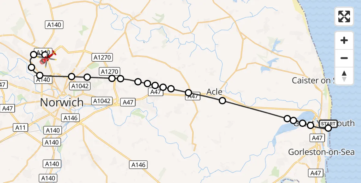 Flight route Air Ambulance Helicopter Great Yarmouth - Norwich Airport, 19 October 2026, 14:11