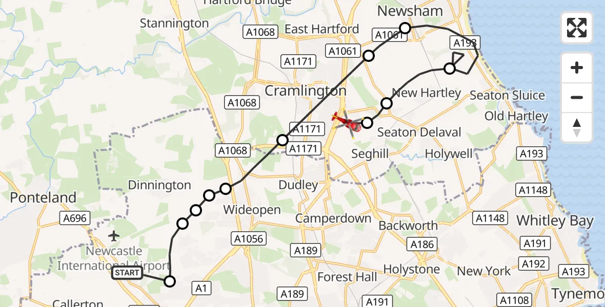 Flight route Air Ambulance Helicopter Woolsington - Cramlington, 19 October 2026, 14:12
