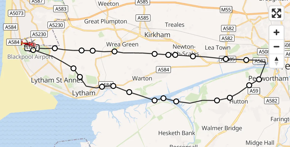 Flight route Air Ambulance Helicopter Blackpool Airport - Blackpool Airport, 19 October 2026, 14:23