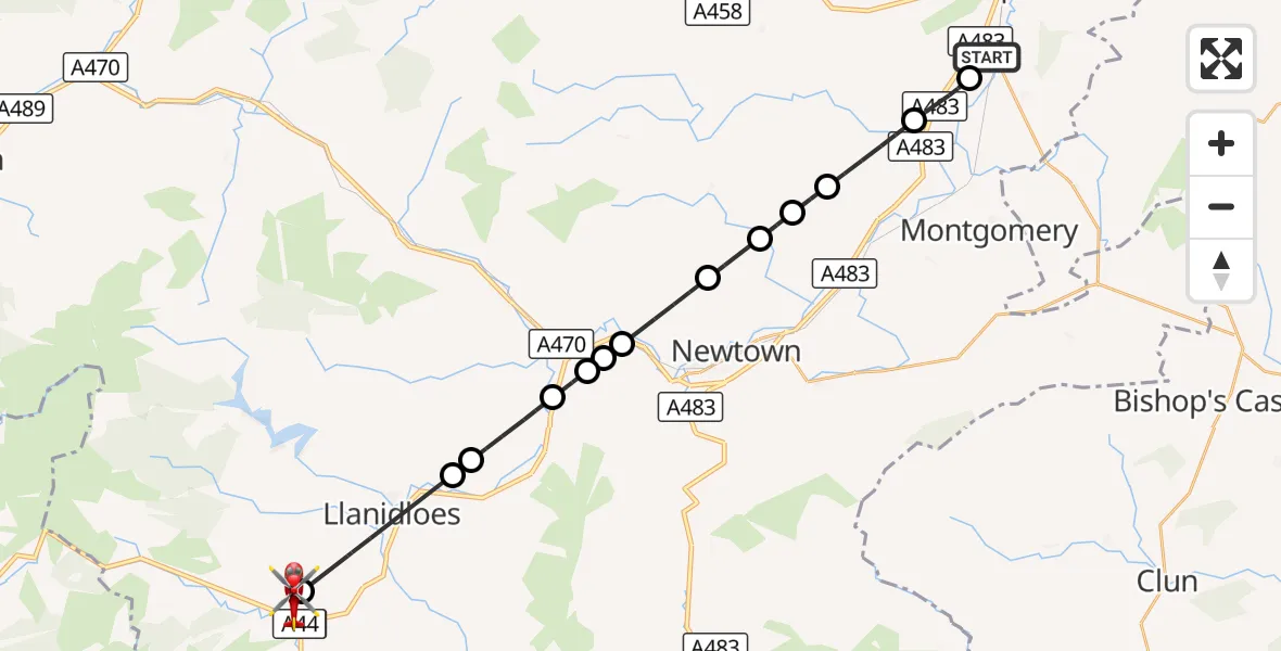 Flight route Air Ambulance Helicopter Welshpool Airport - Llangurig, 19 October 2026, 14:23