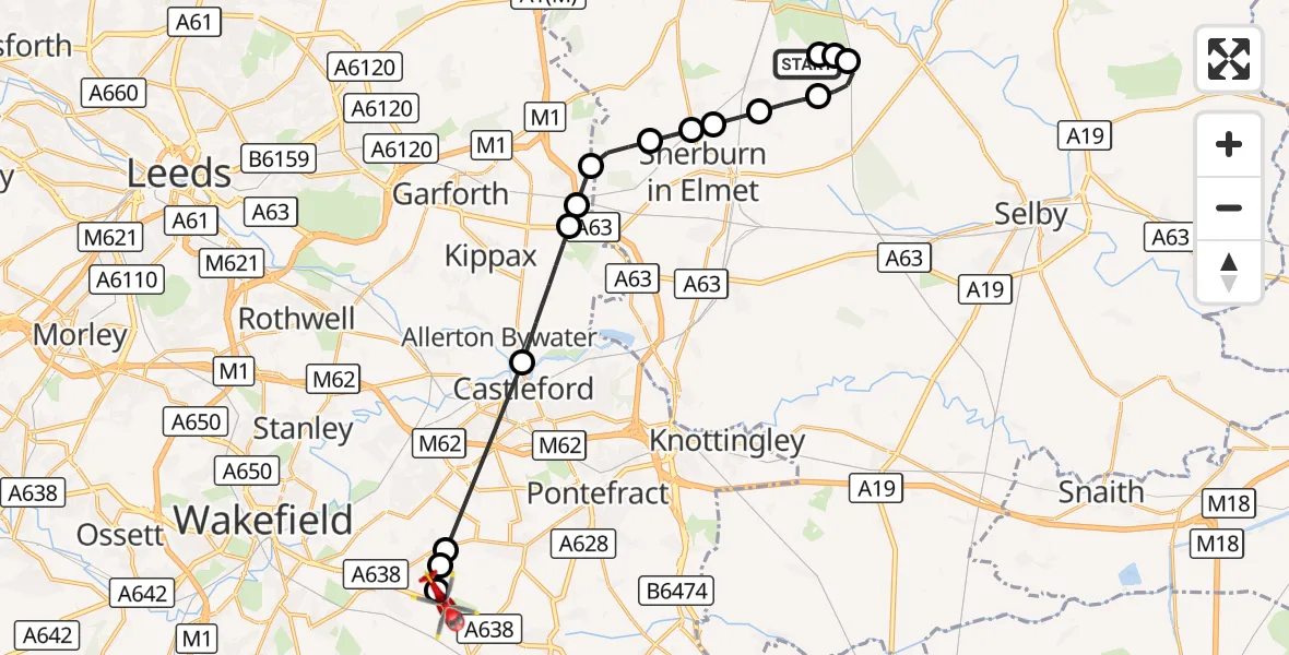 Flight route Air Ambulance Helicopter Leeds East Airport - YAA Nostell Helicopter Port, 19 October 2026, 14:31