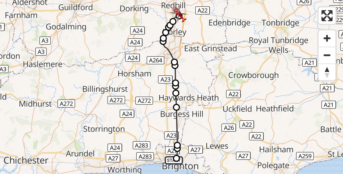 Flight route Air Ambulance Helicopter Portslade by Sea - Redhill Aerodrome, 19 October 2026, 14:32