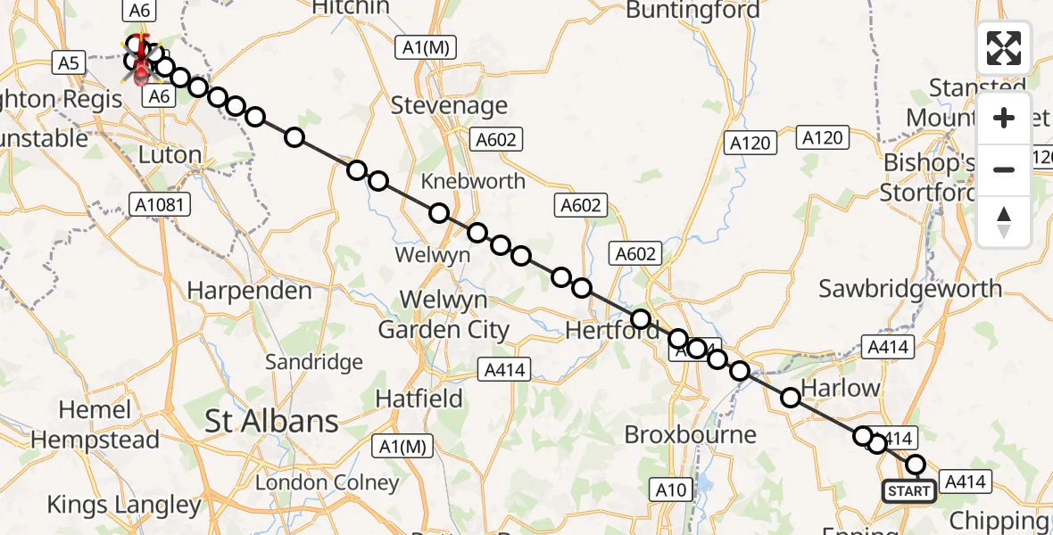 Flight route Air Ambulance Helicopter North Weald Airfield - Streatley, 19 October 2026, 14:42