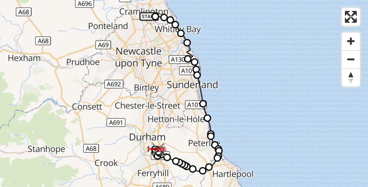 Flight route Air Ambulance Helicopter Cramlington - High Shincliffe, 19 October 2026, 14:47