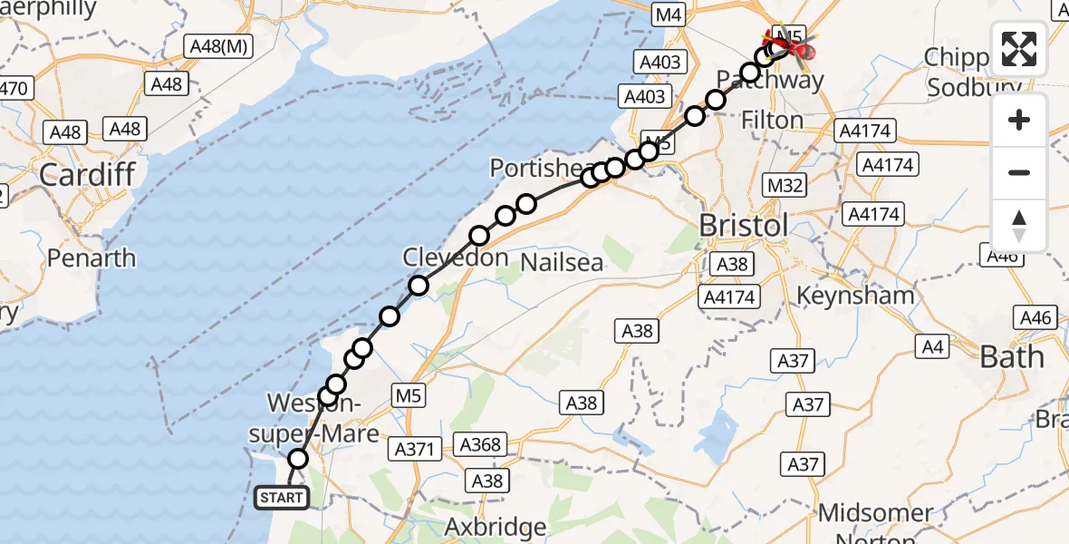 Flight route Air Ambulance Helicopter Brean - Almondsbury Helicopter Base, 19 October 2026, 14:49
