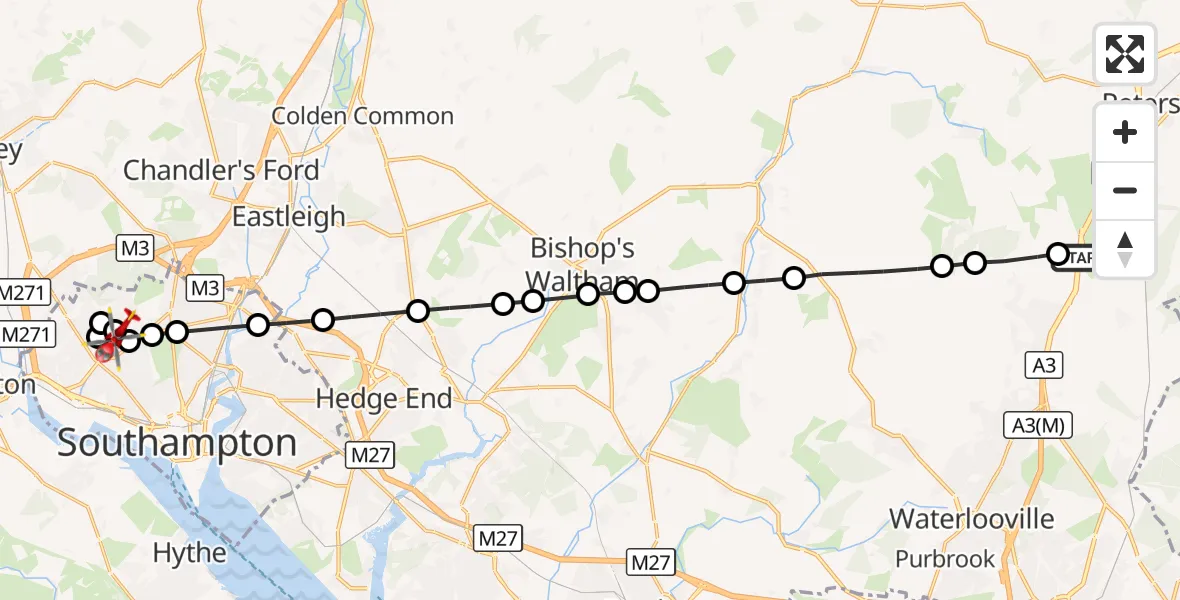 Flight route Air Ambulance Helicopter East Hampshire - University Hospital Southampton, 19 October 2026, 14:52