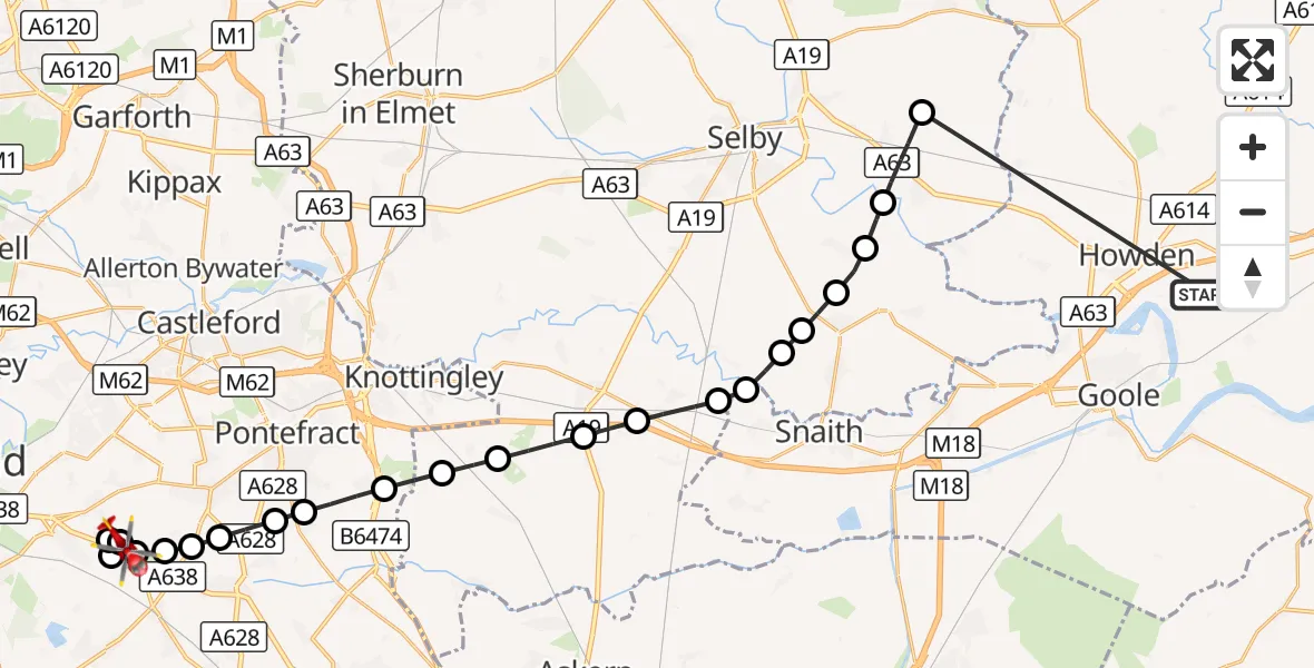 Flight route Air Ambulance Helicopter Balkholme - YAA Nostell Helicopter Port, 19 October 2026, 14:54
