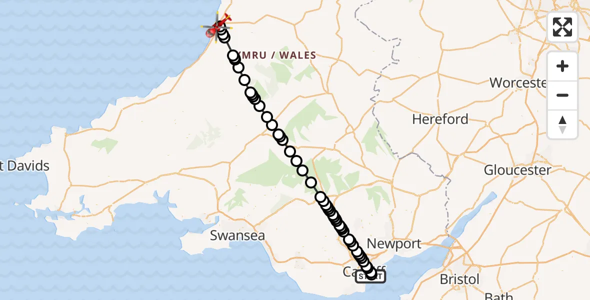 Flight route Air Ambulance Helicopter Cardiff Heliport - Aberystwyth, 19 October 2026, 15:00