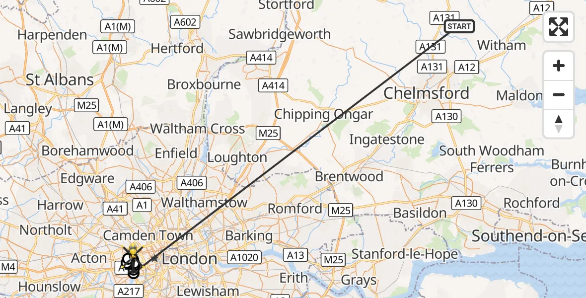 Flight route Police Helicopter Braintree - City of Westminster, 19 October 2026, 15:10