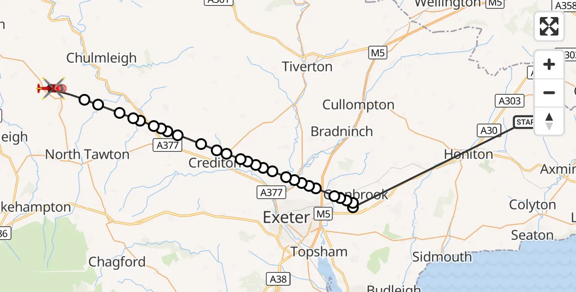 Flight route Air Ambulance Helicopter Stockland - Winkleigh, 19 October 2026, 15:14