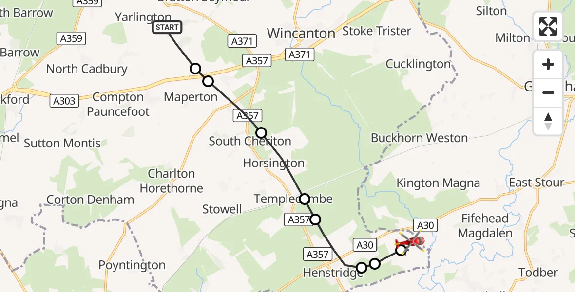 Flight route Air Ambulance Helicopter Yarlington - Henstridge Airfield, 19 October 2026, 15:16