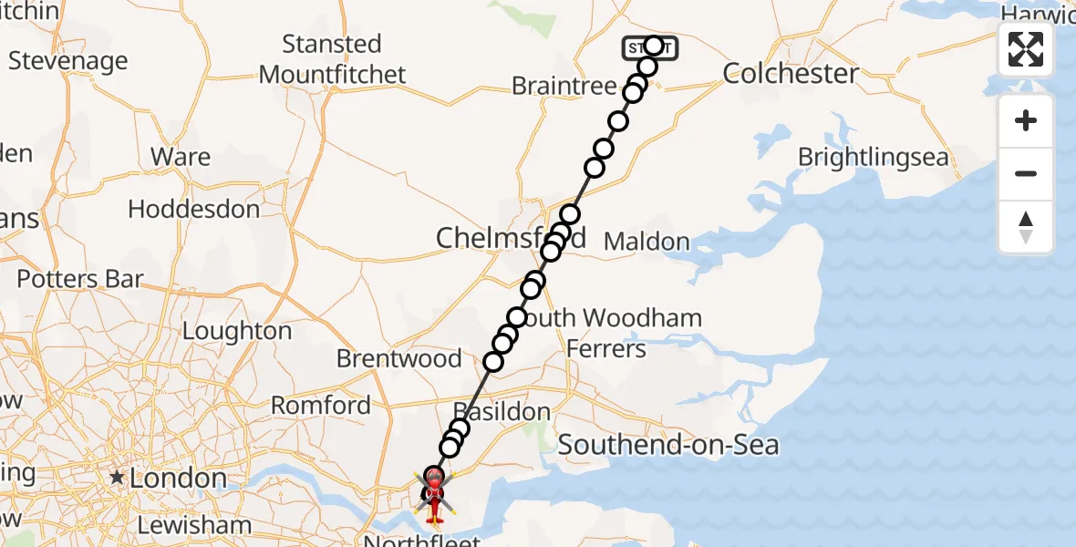 Flight route Air Ambulance Helicopter Earls Colne Airfield - Grays, 19 October 2026, 15:19